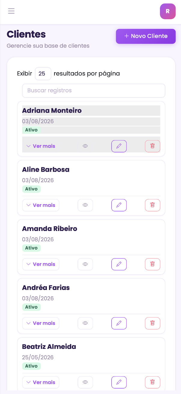Lista de clientes cadastrados com histórico