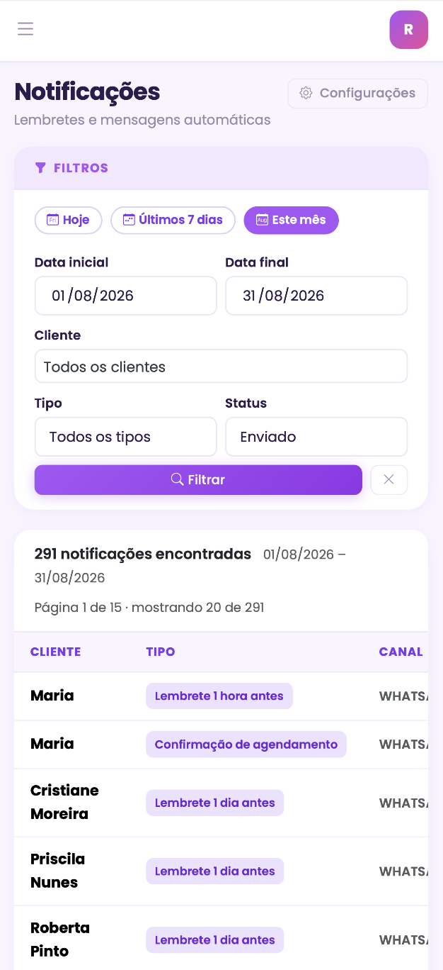 Tela de notificações mostrando lembretes automáticos enviados por WhatsApp